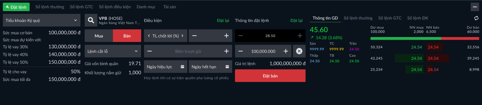 Giao diện Đặt lệnh cổ phiếu