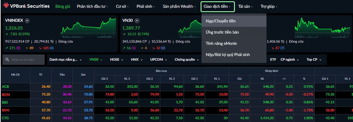Menu Giao dịch tiền