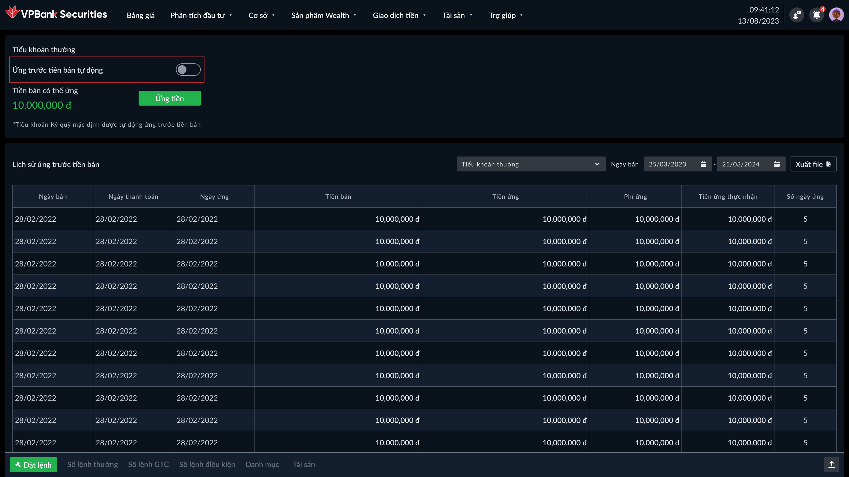 Bật Ứng trước tiền bán