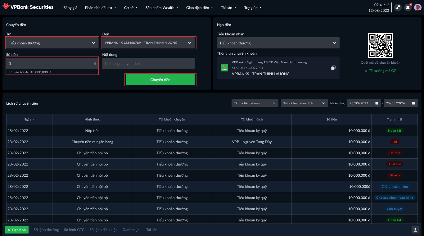 Màn hình Chuyển tiền ra ngân hàng